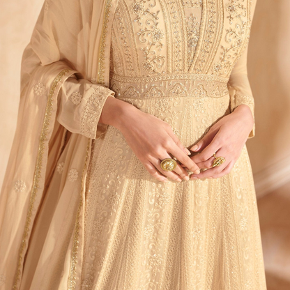 Indian Wedding Sangeet Long Flared Real Georgette Beige Anarkali Gown Suits 