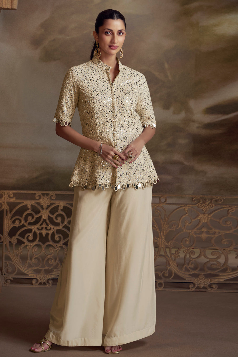 Modern off-white Indo Western mirror work palazzo outfit for wedding guest style