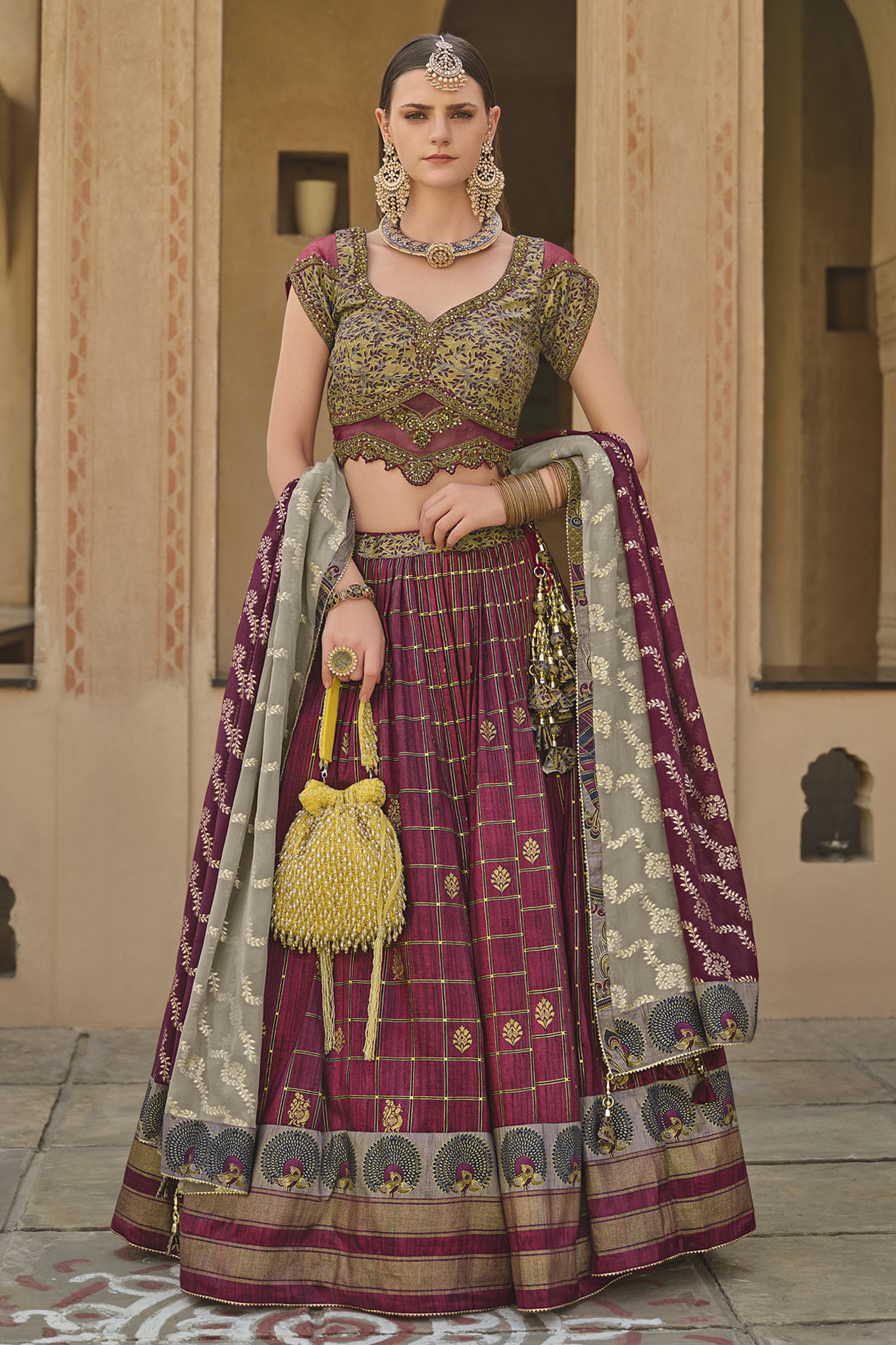 "Stylish lehengas for U.S.-based Indian functions."

