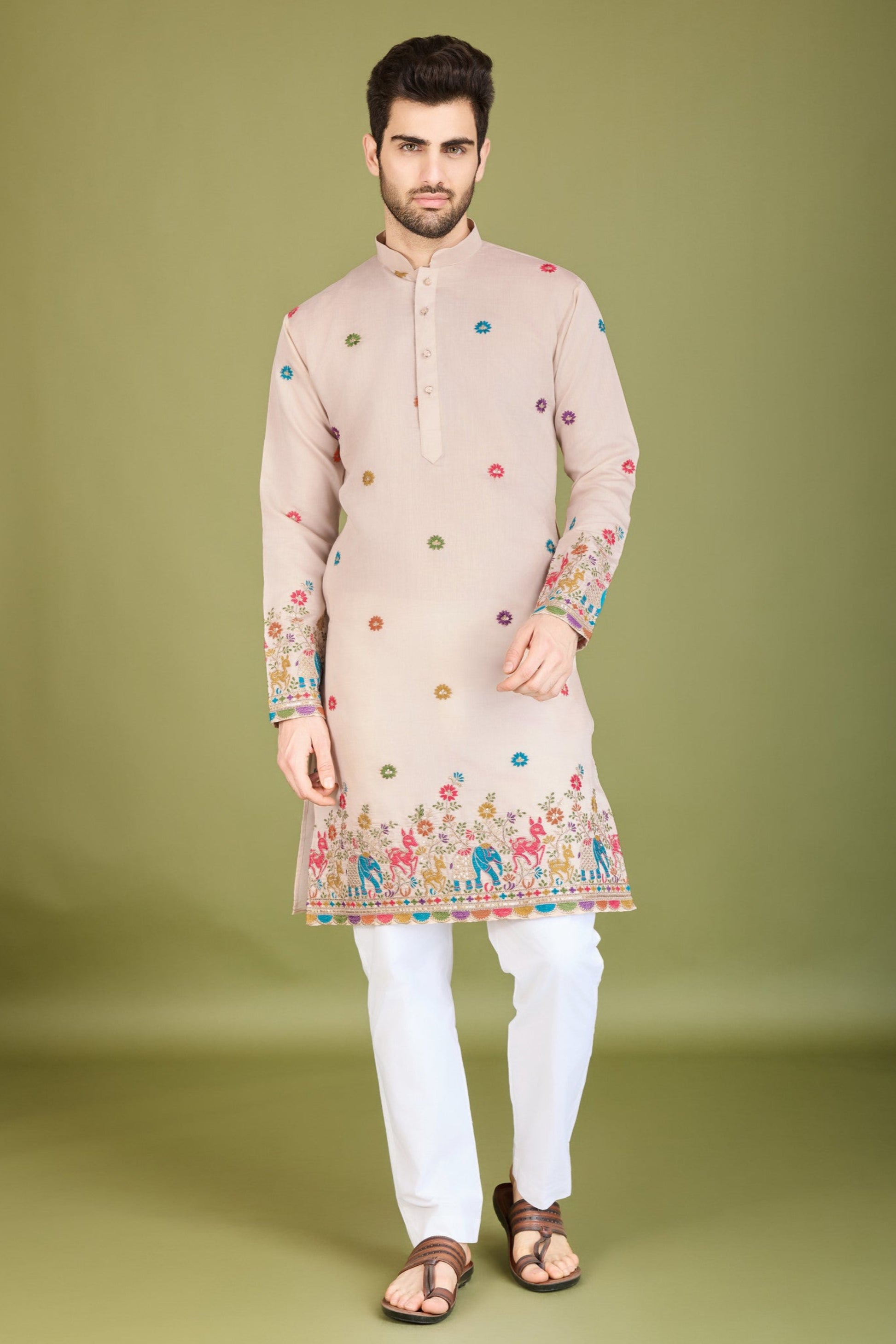 Mens Kurta Clothes In Peach With Thread Embroidery