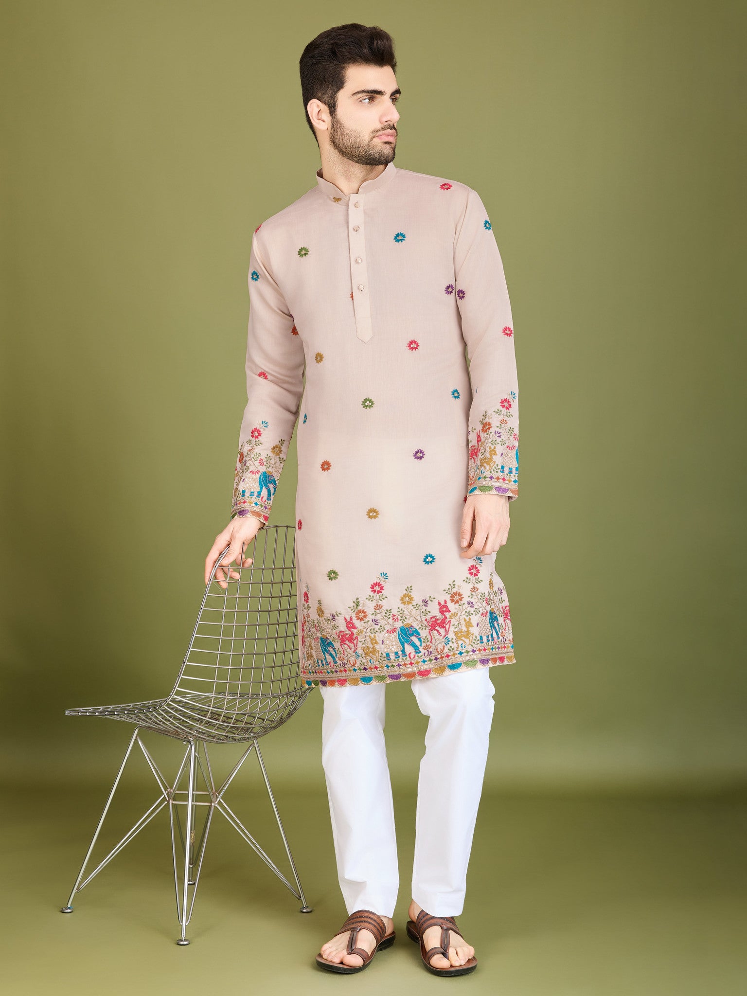 Kurtas For Men In Peach With Elegant Embroidery