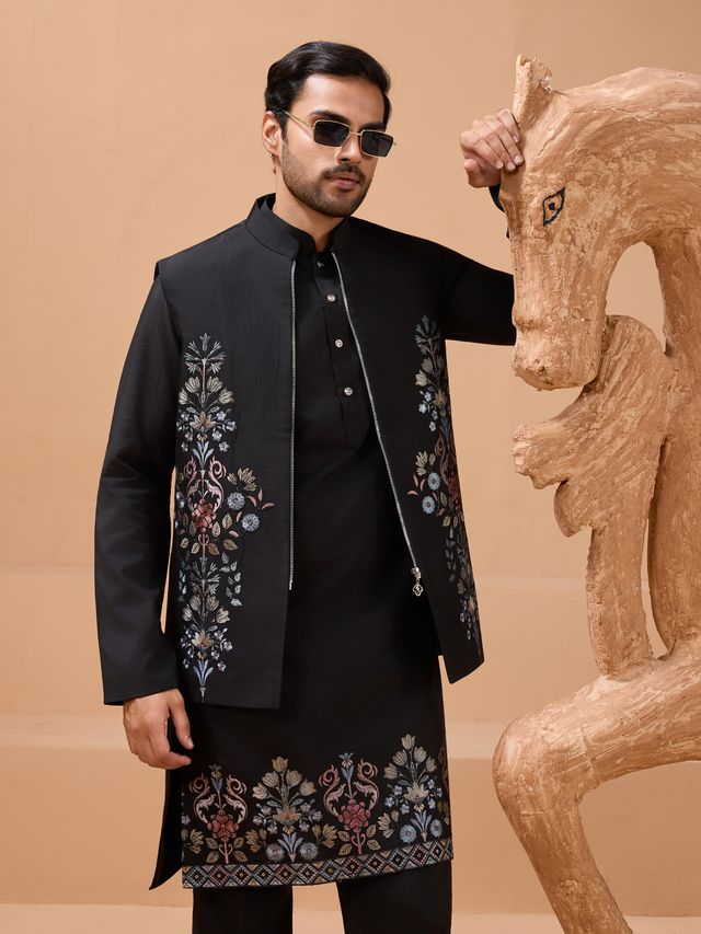 men’s black kurta pajama in viscose silk fabric