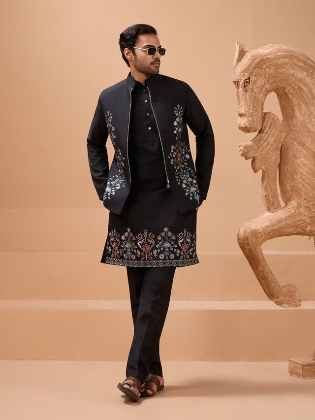 black kurta with koti styled for festive occasions