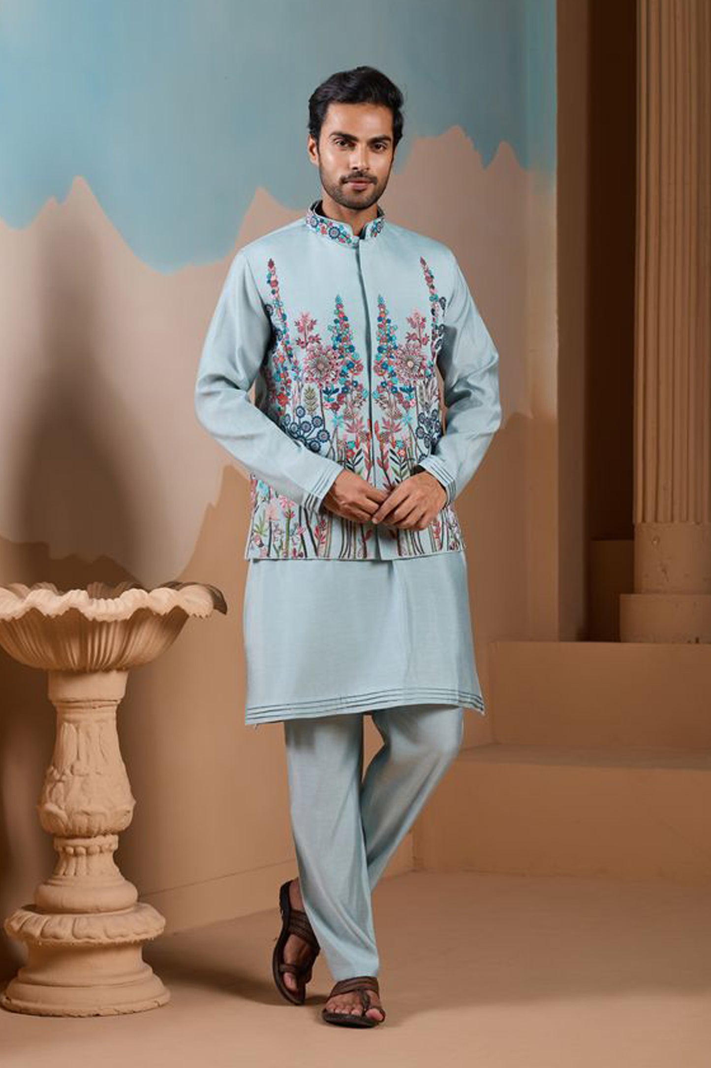 Mens Blue Kurta Pajama Sky Blue Front View
