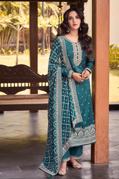 Teal Palazzo Salwar Kameez Full Outfit Wih Dupatta Side Angle 