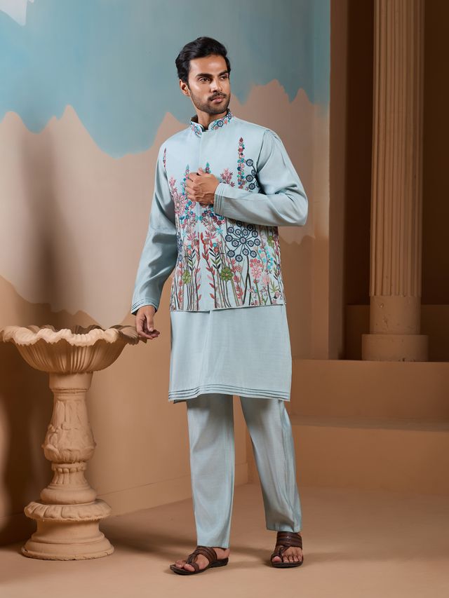 Mens Blue Kurta Pajama With Silk Embroidery Detail
