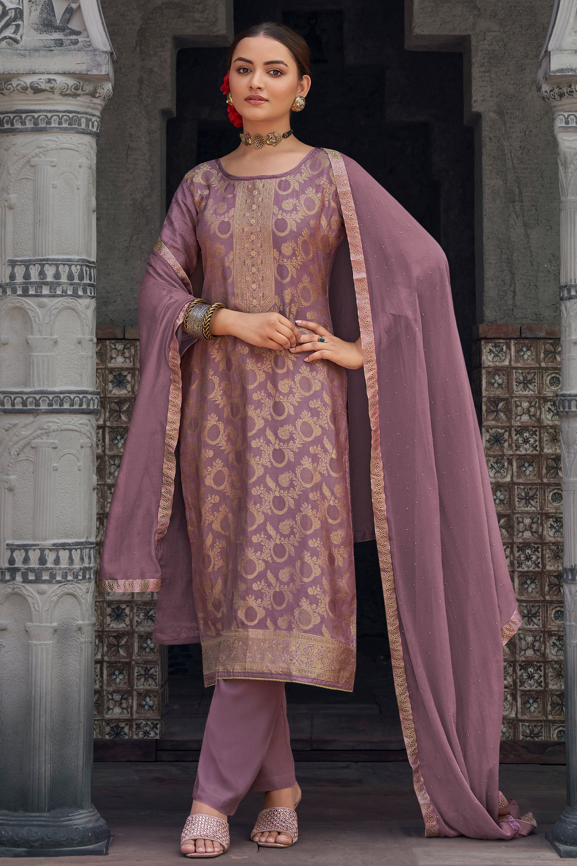 Lavender salwar kameez online usa front view on model