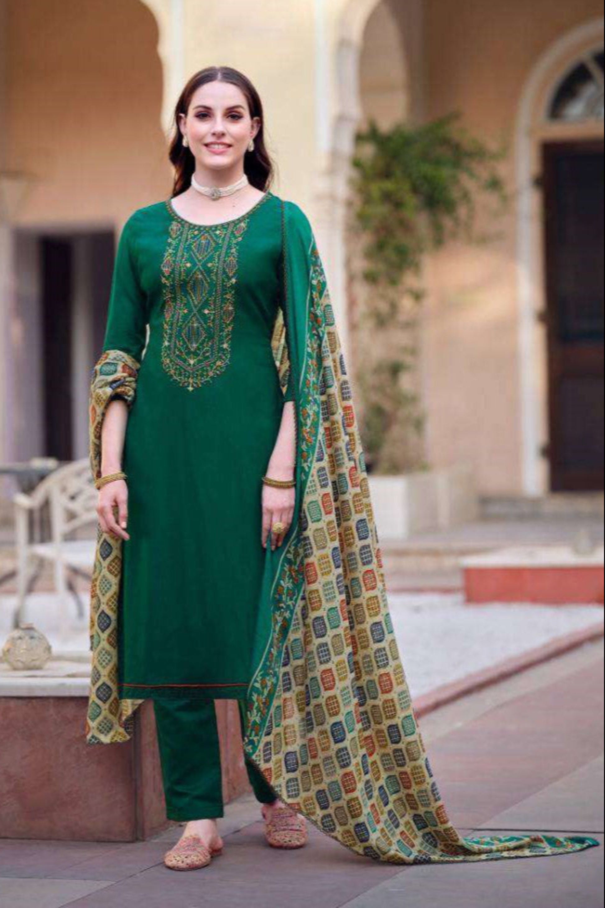 Dark green summer salwar kameez with Swarovski embroidery close-up