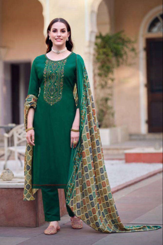 Dark green summer salwar kameez with Swarovski embroidery close-up