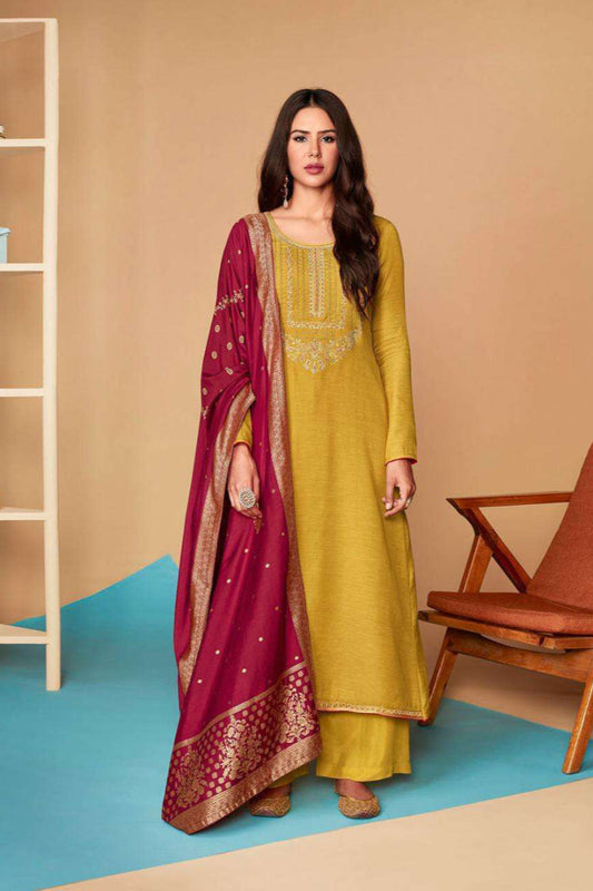 Elegant Yellow Salwar Kameez Suit With Embroidery Perfect Premium Linene Silk