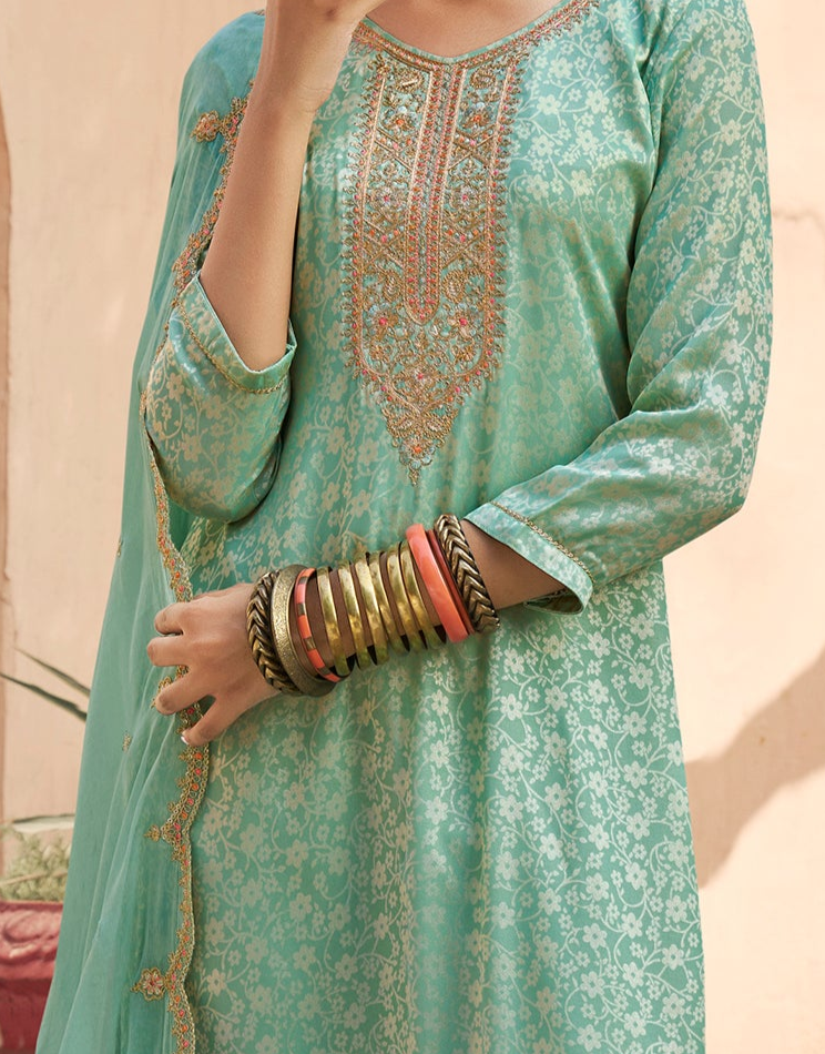 Close-up of embroidery work on kameez fabric