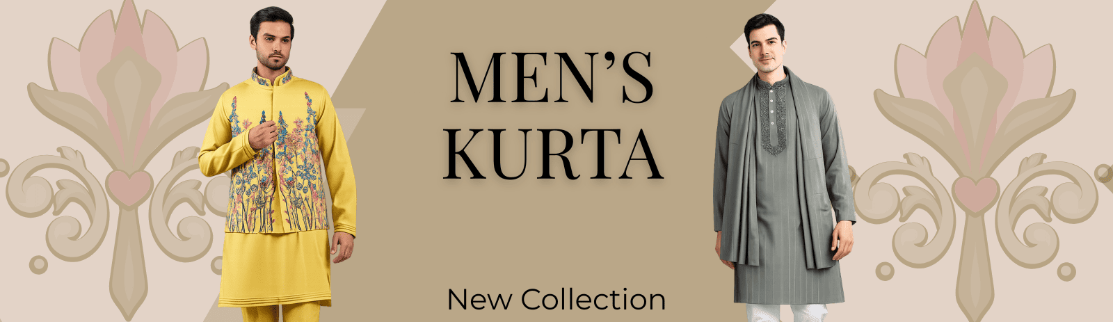 Two men wearing kurta with decorative elements on a beige background, featuring text for 'Men's Kurta New Collection'.
