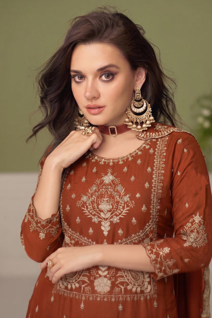 Ready to wear silk red kameez with detailed thread sequin embroidery finish