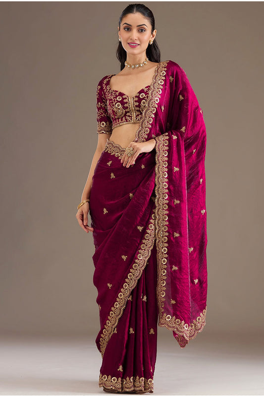 Maroon Saree with heavy zari border styling