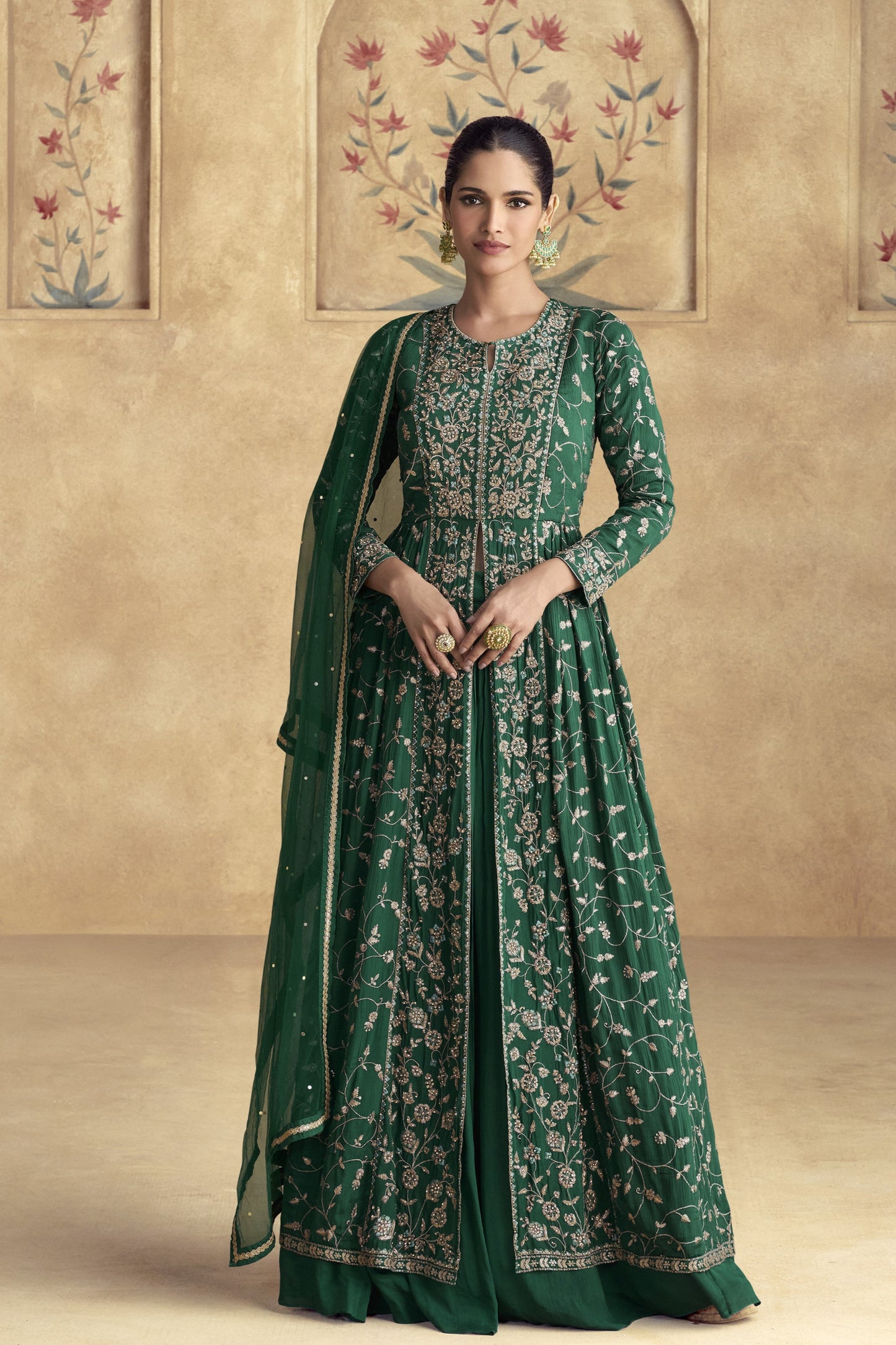 Heavy Embroidery Worked Women's Wedding Party Wear Dark Green Anarkali Suit 