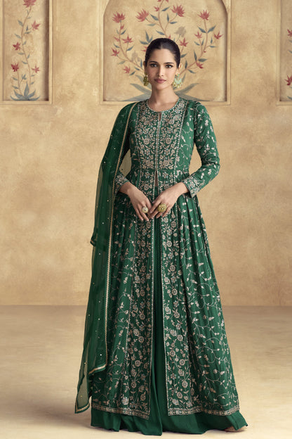 Heavy Embroidery Worked Women's Wedding Party Wear Dark Green Anarkali Suit 