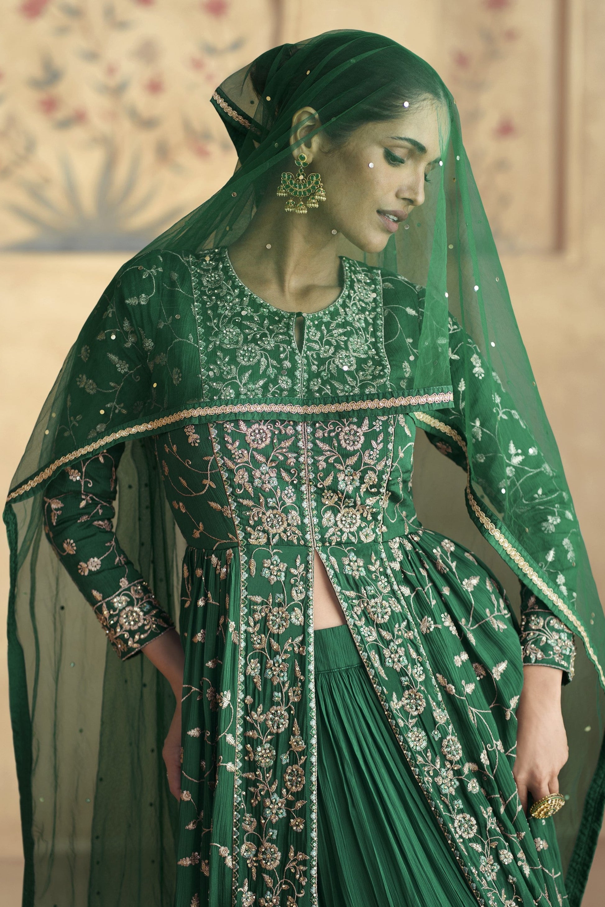 Heavy Embroidery Worked Women's Wedding Party Wear Dark Green Anarkali Suit 