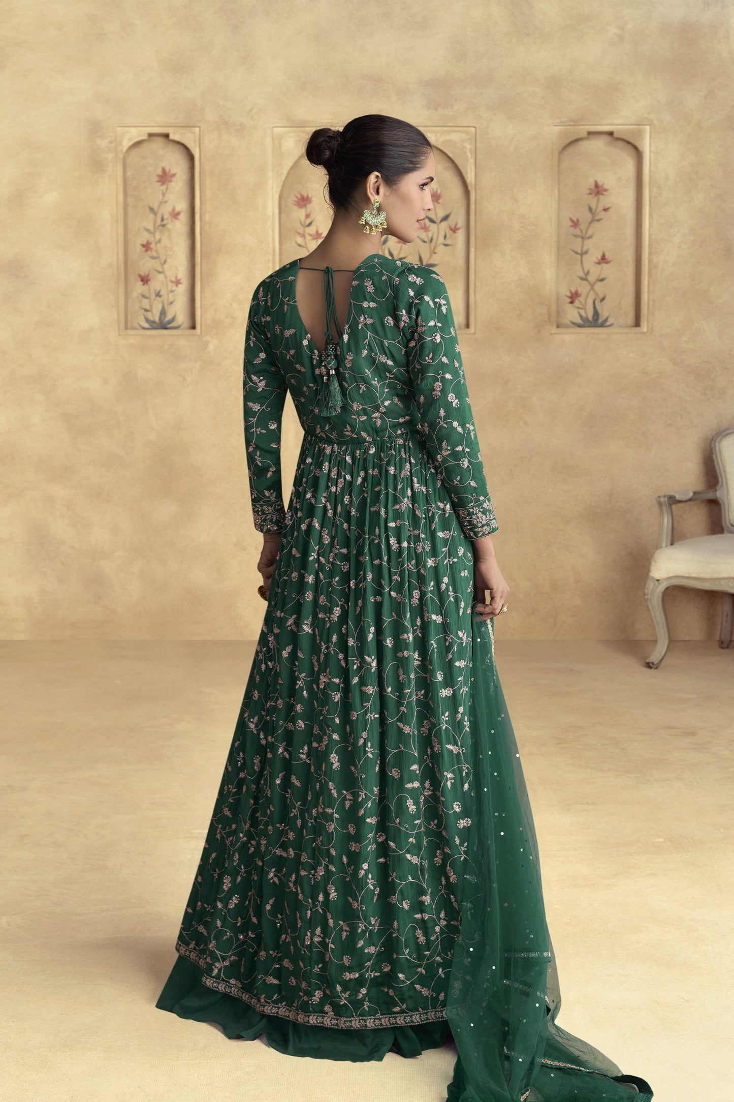 Heavy Embroidery Worked Women's Wedding Party Wear Dark Green Anarkali Suit 