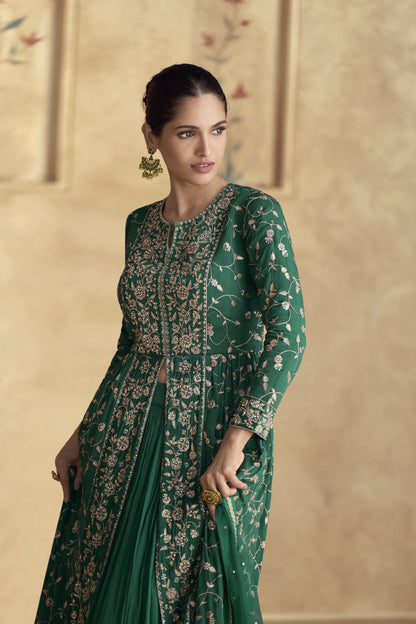 Heavy Embroidery Worked Women's Wedding Party Wear Dark Green Anarkali Suit 