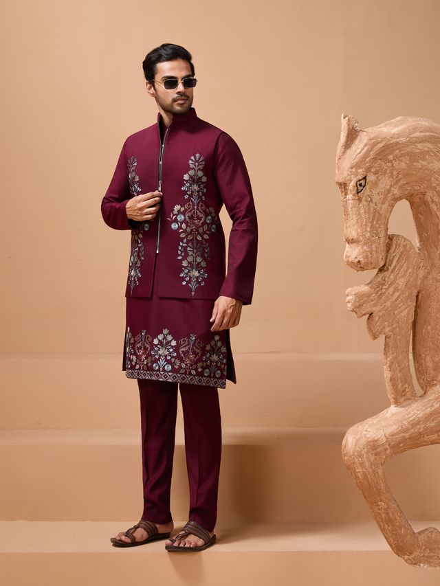 Mens Eid Kurta Showcasing Rich Burgundy Red Texture