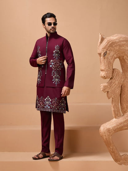 Mens Eid Kurta Showcasing Rich Burgundy Red Texture