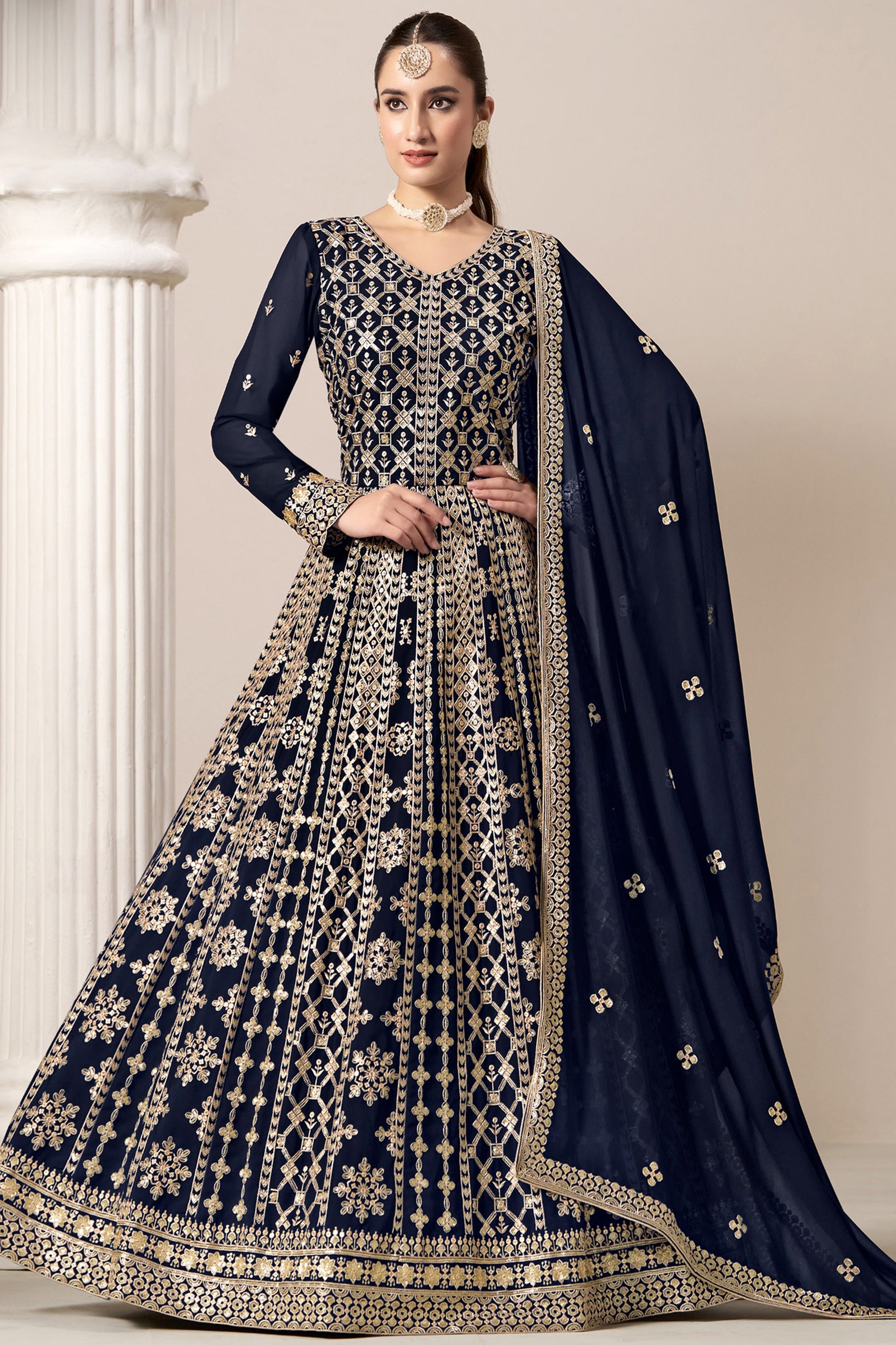 Navy Blue Anarkali Gown With Dupatta Indian Wedding Reception Dress USA