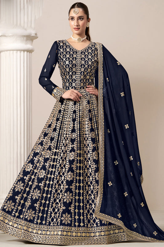 Navy Blue Anarkali Gown With Dupatta Indian Wedding Reception Dress USA