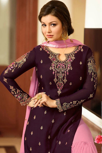 Wine sharara suits with pink dupatta wedding wear style