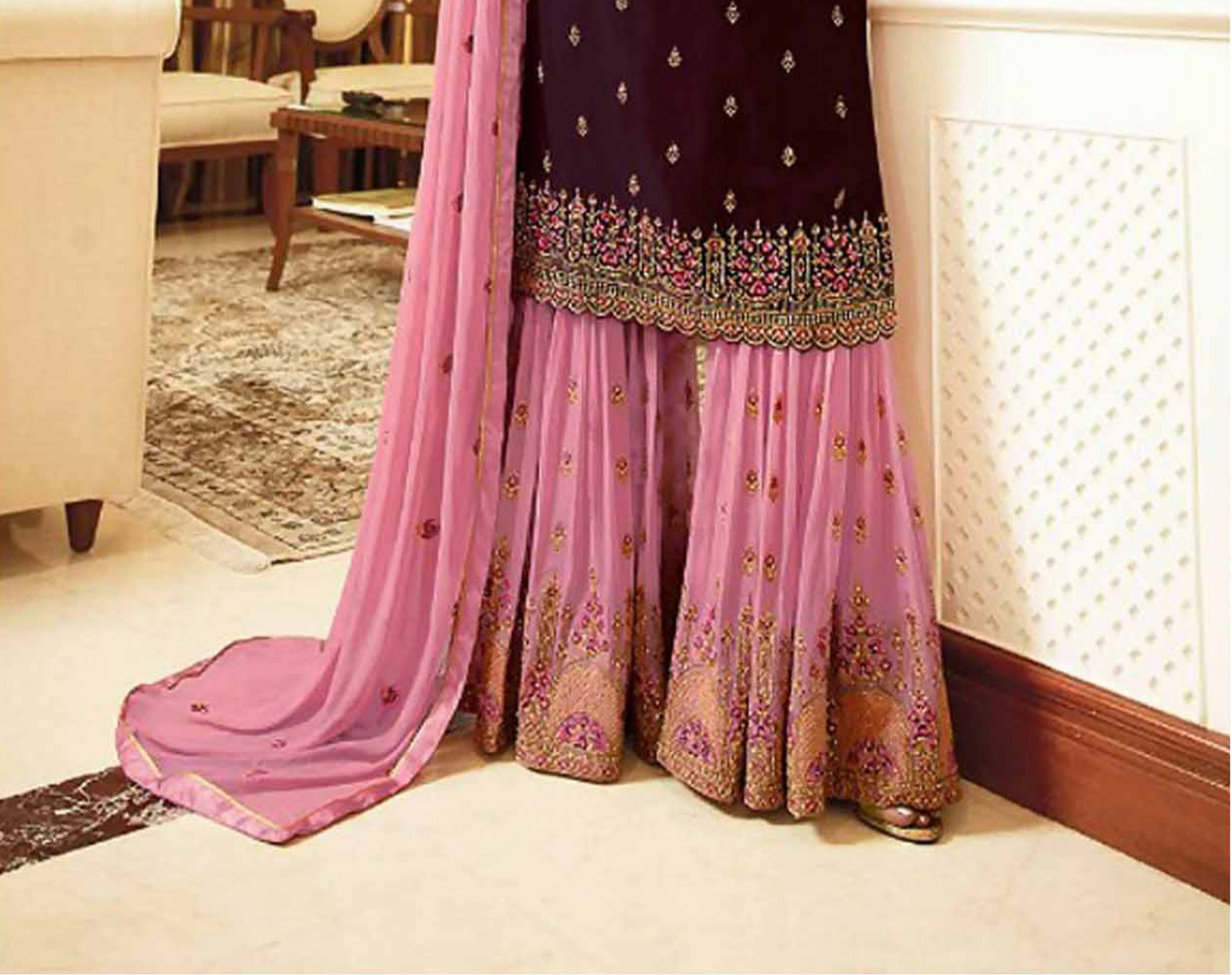 Modern sharara suit in wine color