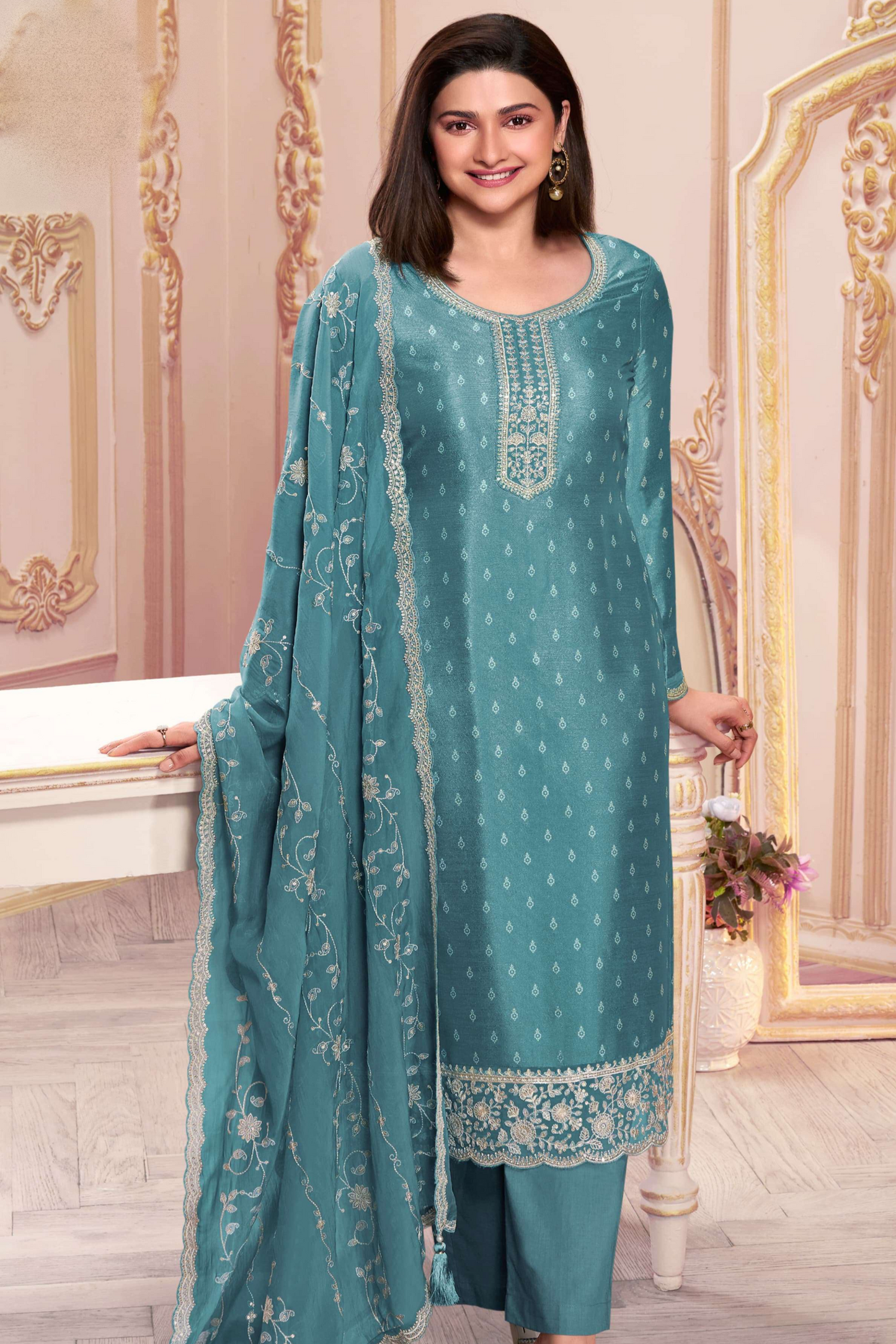 Blue Embroidered Linen Salwar Kameez With Dupatta - Front View Ready to Wear Pakistani Suit