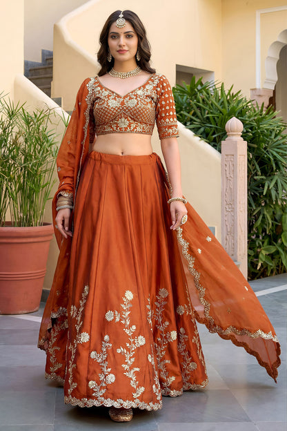 Orange Lehenga Choli With Zari And Sequence Embroidery