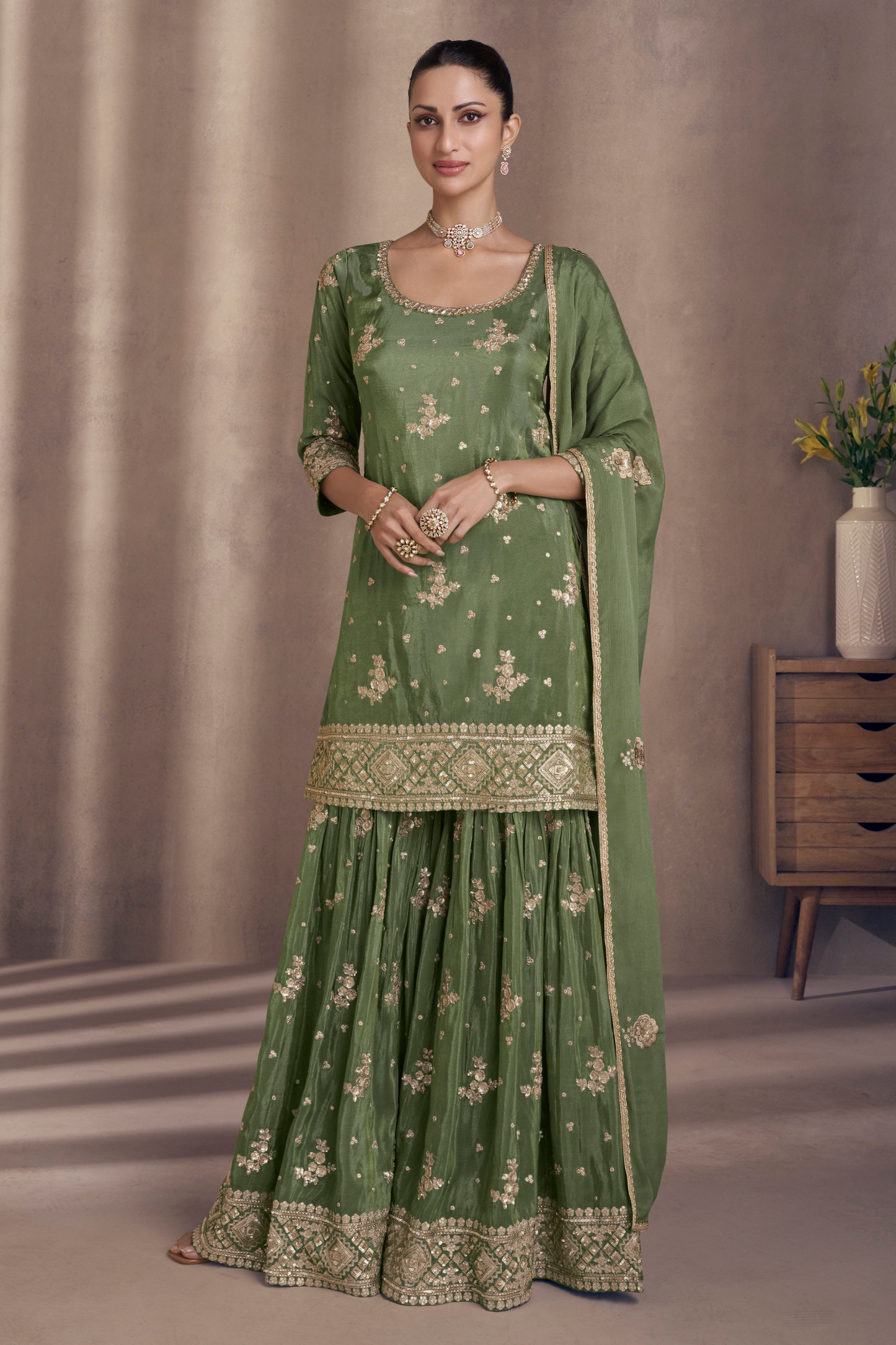 Olive Green Sharara Suit Party Wear Full Set View