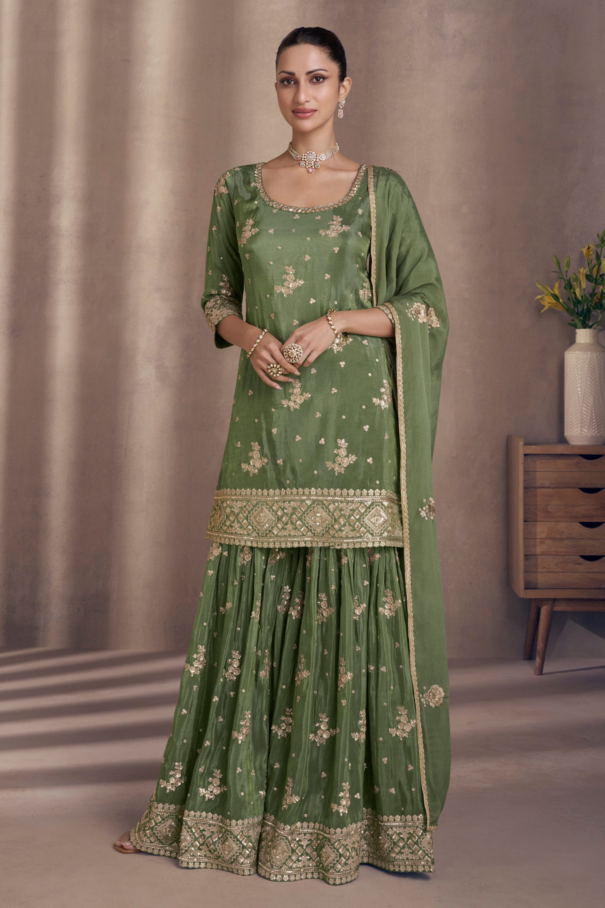 Olive Green Sharara Suit Party Wear Full Set View