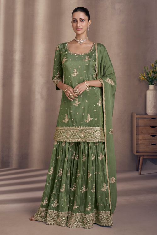 Olive Green Sharara Suit Party Wear Full Set View