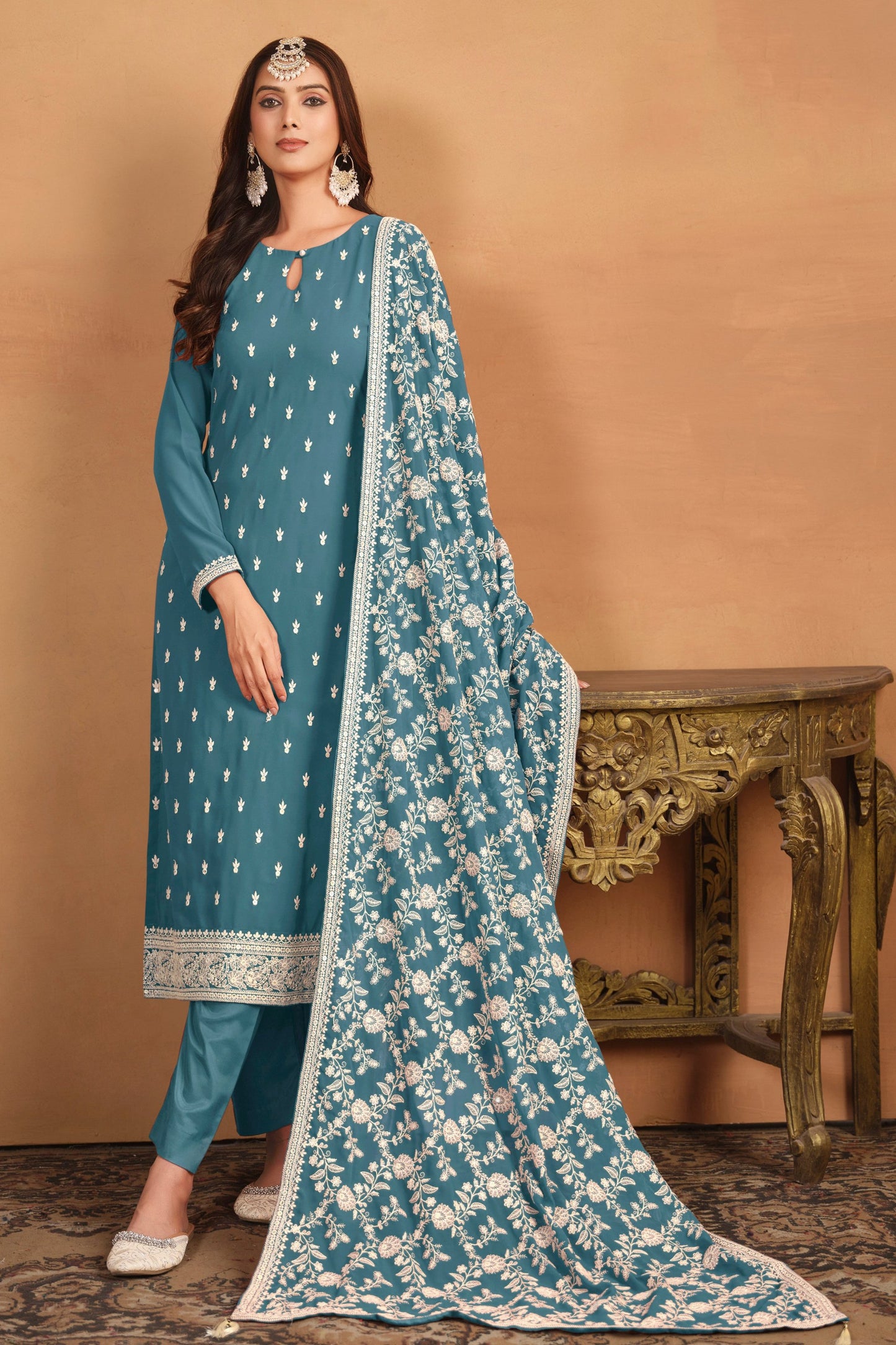 Vibrant Blue Salwar Suit With Thread Embroidery Work - Traditional Indian Ethnic Wear For USA Customers