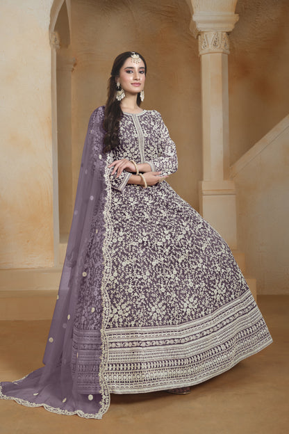 Anarkali Dress Purple Party Wear Heavy Embroidered Worked Long Gown Suit
