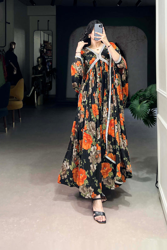 Flower Printed Anarkali Suit Function Party Wear Dupatta Dresses