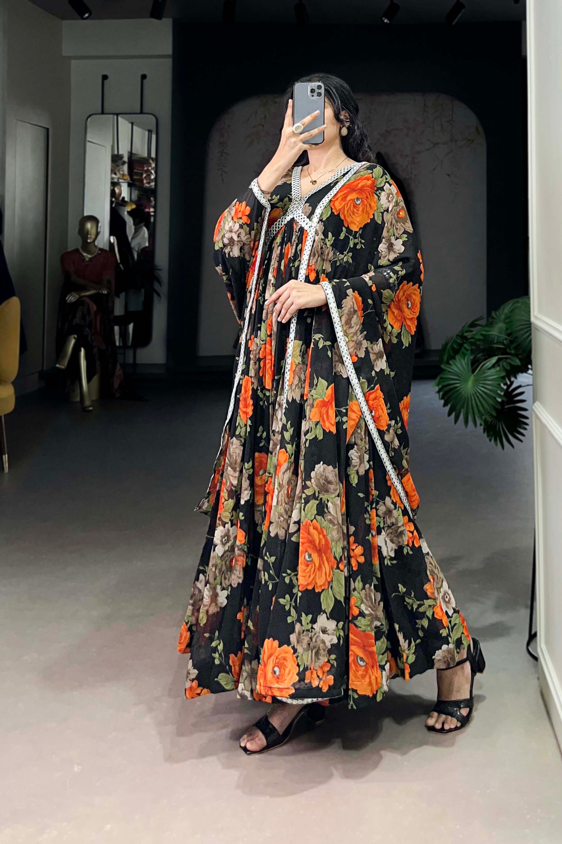 Flower Printed Anarkali Suit Function Party Wear Dupatta Dresses