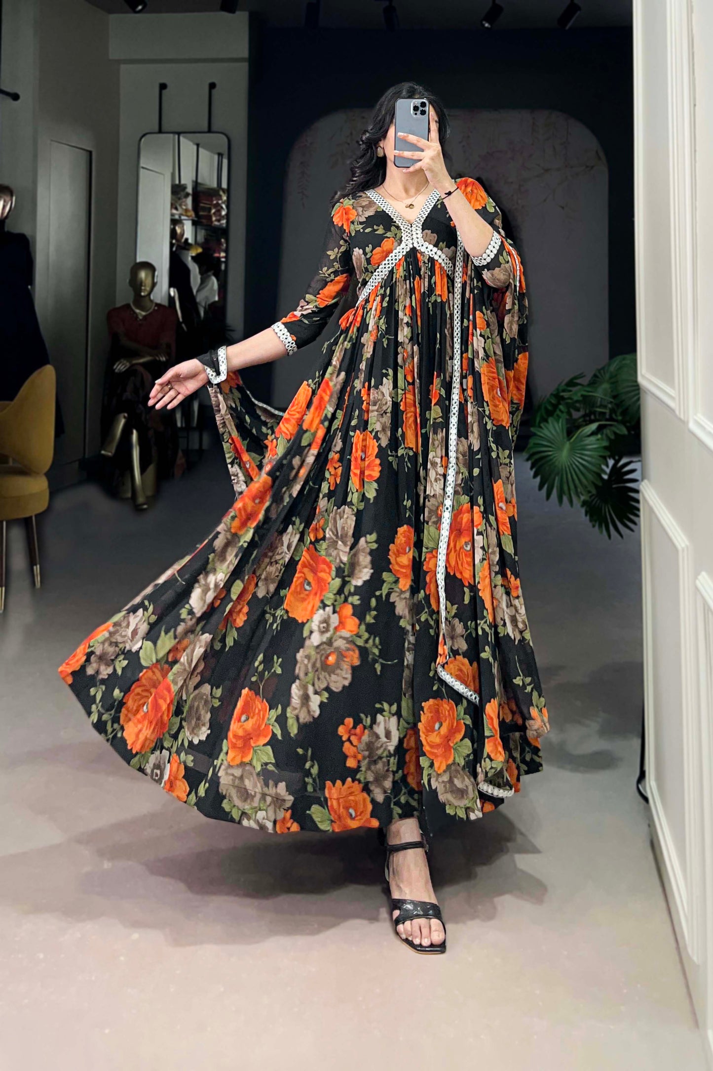 Flower Printed Anarkali Suit Function Party Wear Dupatta Dresses