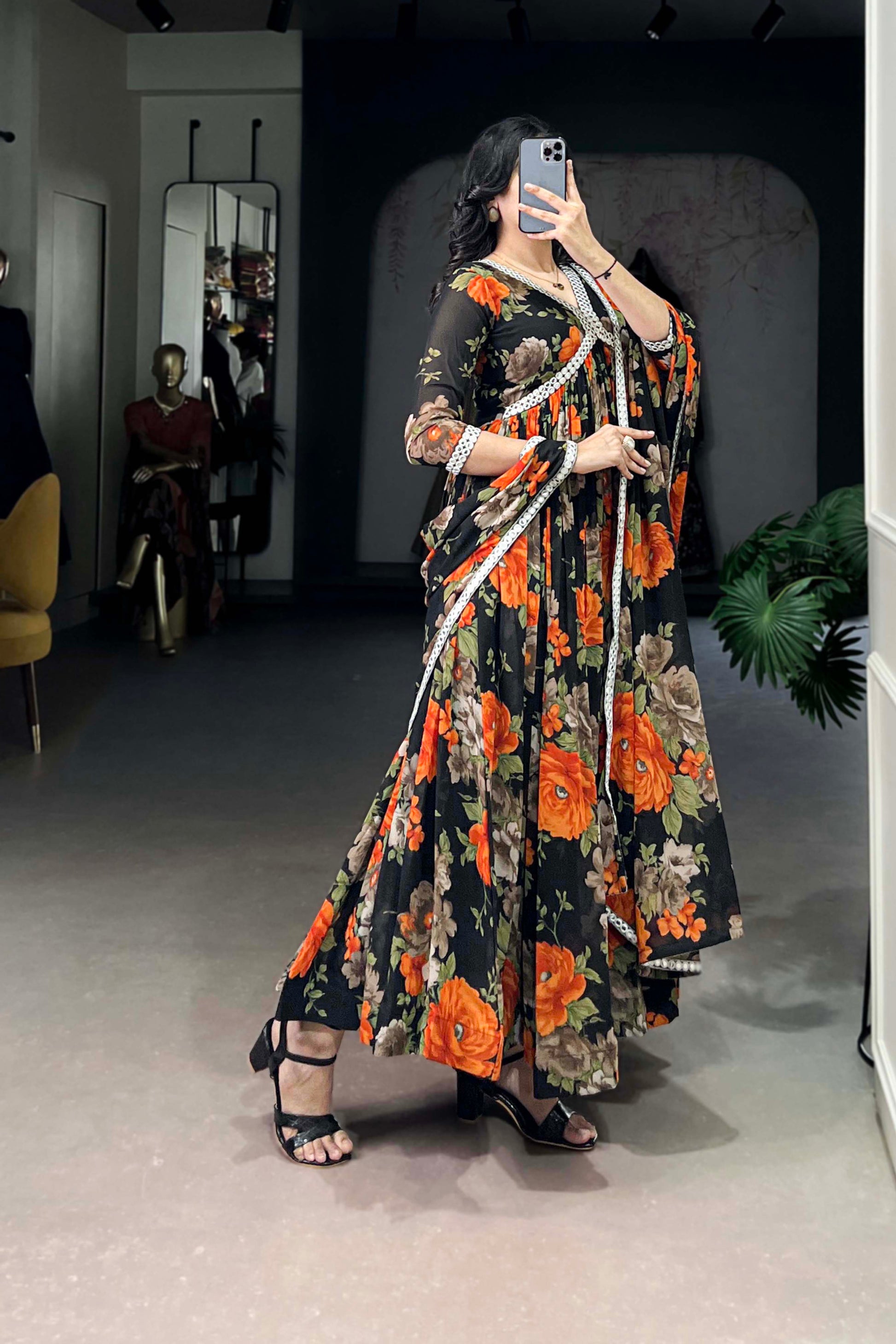 Flower Printed Anarkali Suit Function Party Wear Dupatta Dress