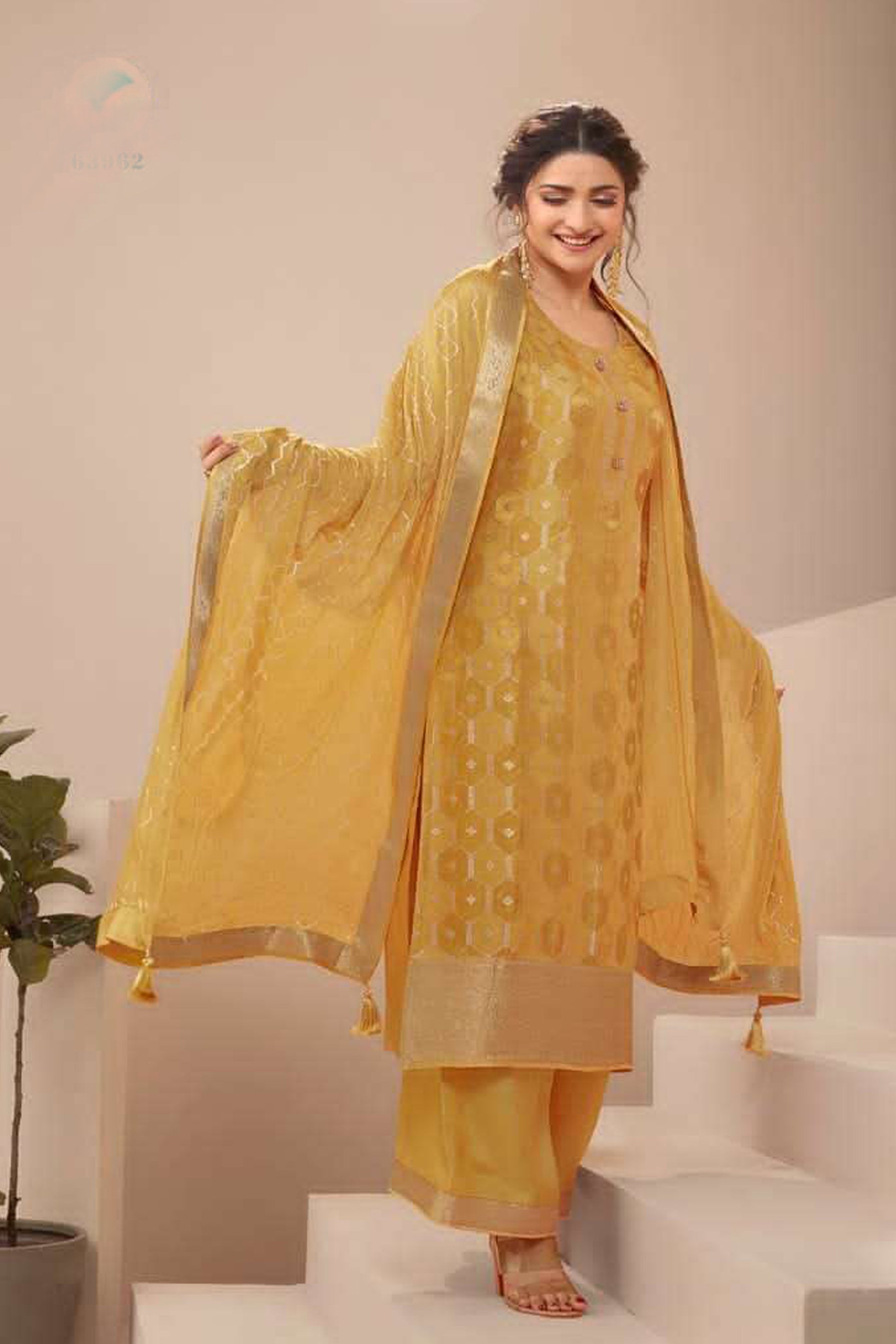 Golden Yellow Embroidered Salwar Kameez Full Front View - Wedding Reception Outfit