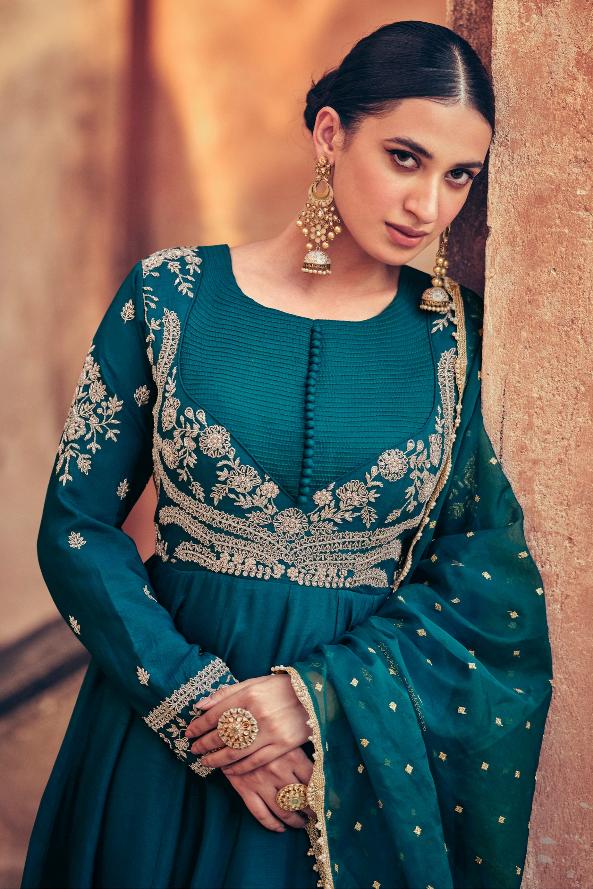 Wedding Anarkali Dresses for Embroidered Worked Chinon Silk Gown With Dupatta