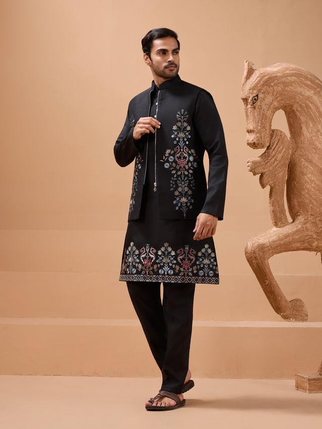 embroidered black kurta pajama for evening wear