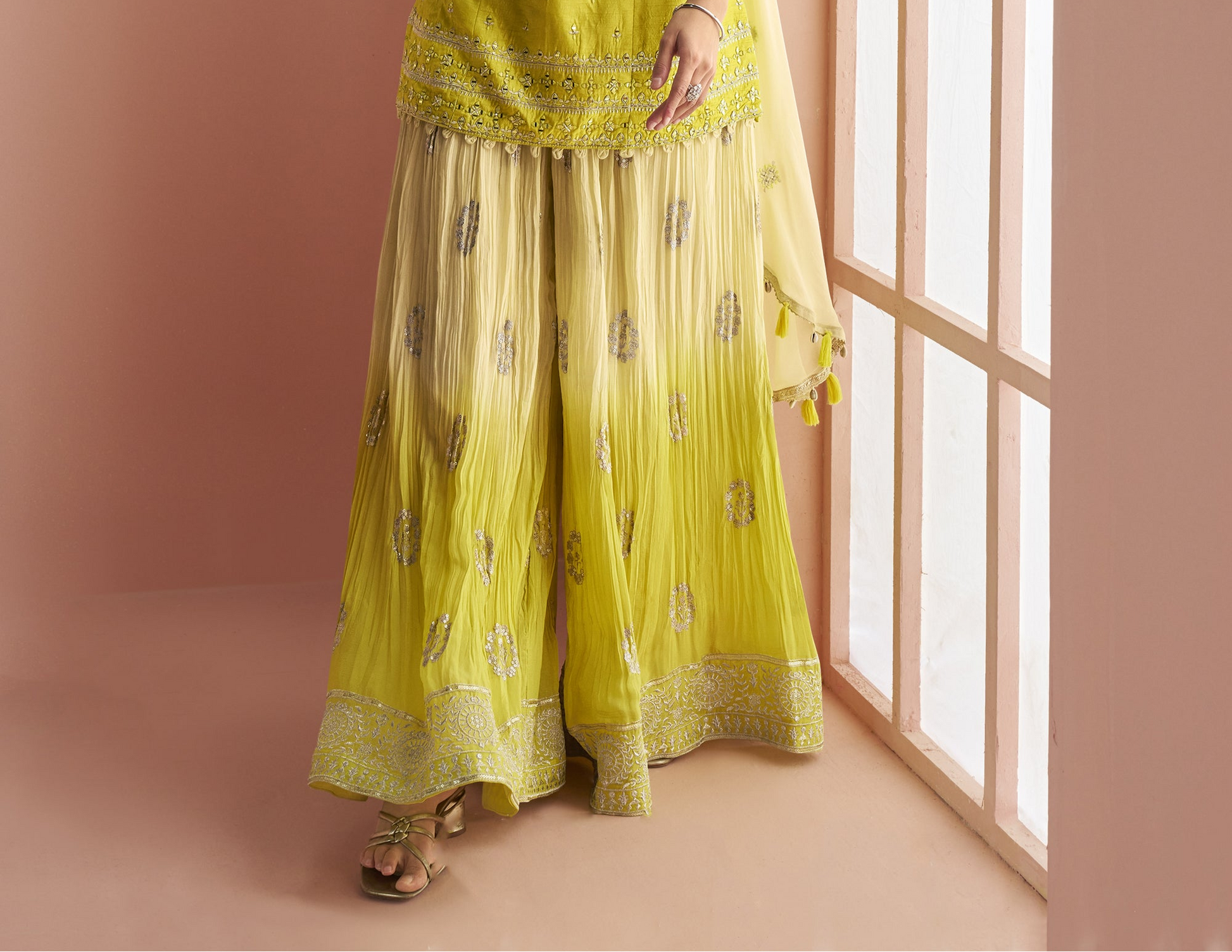 Traditional Wear Light Yellow color plazzo with Embroidered Work Dupatta