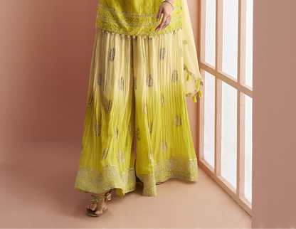Traditional Wear Light Yellow color plazzo with Embroidered Work Dupatta