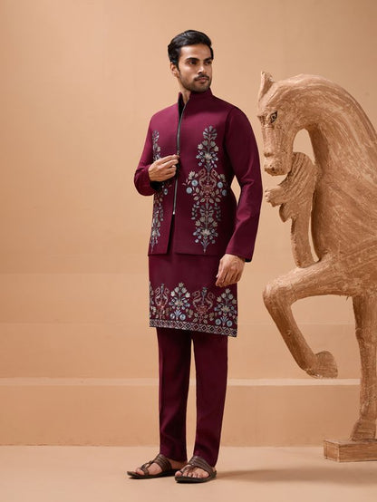 Kurta Pants Set In Burgundy Red For Eid Wear