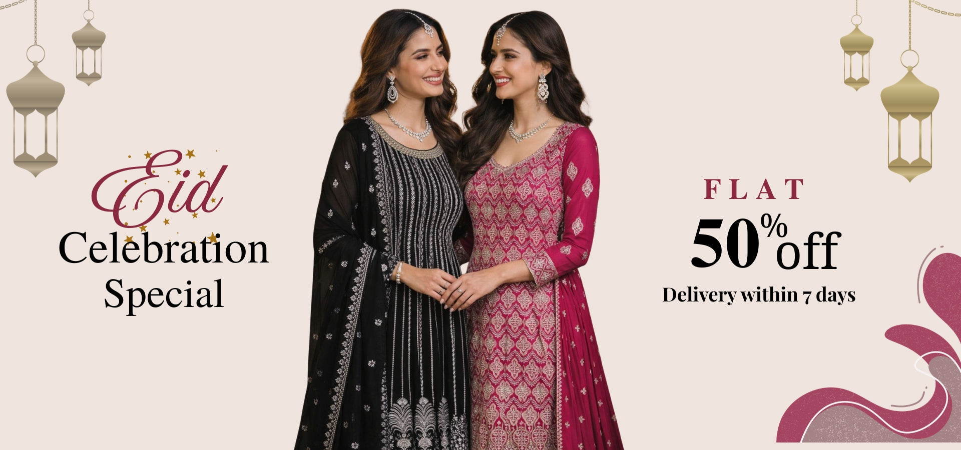 Two women in traditional attire with promotional text for Eid celebration and discount offer on a beige background.
