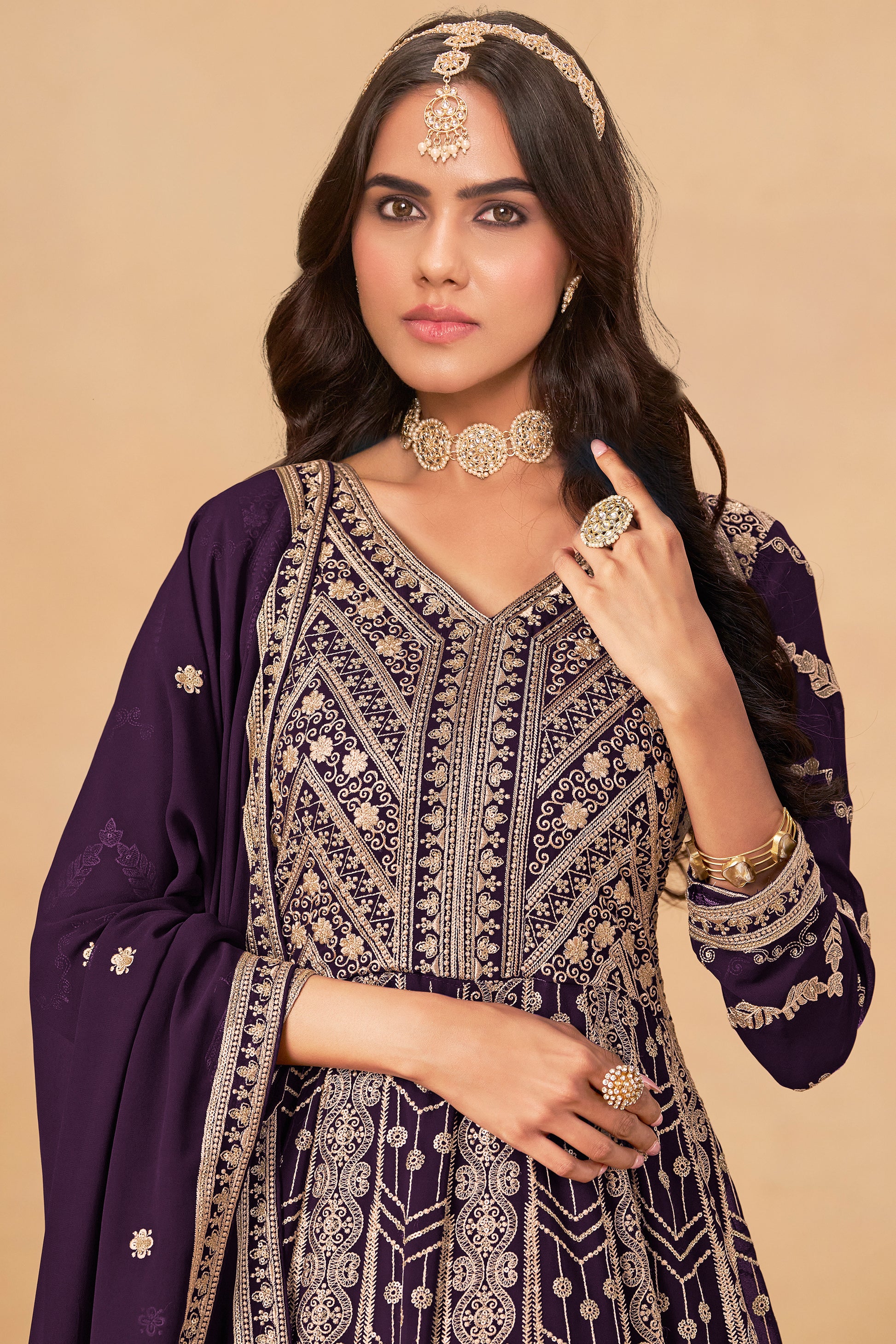 Floral Embroidery Detail On Premium Anarkali Gown - Indian Wedding Guest Outfit