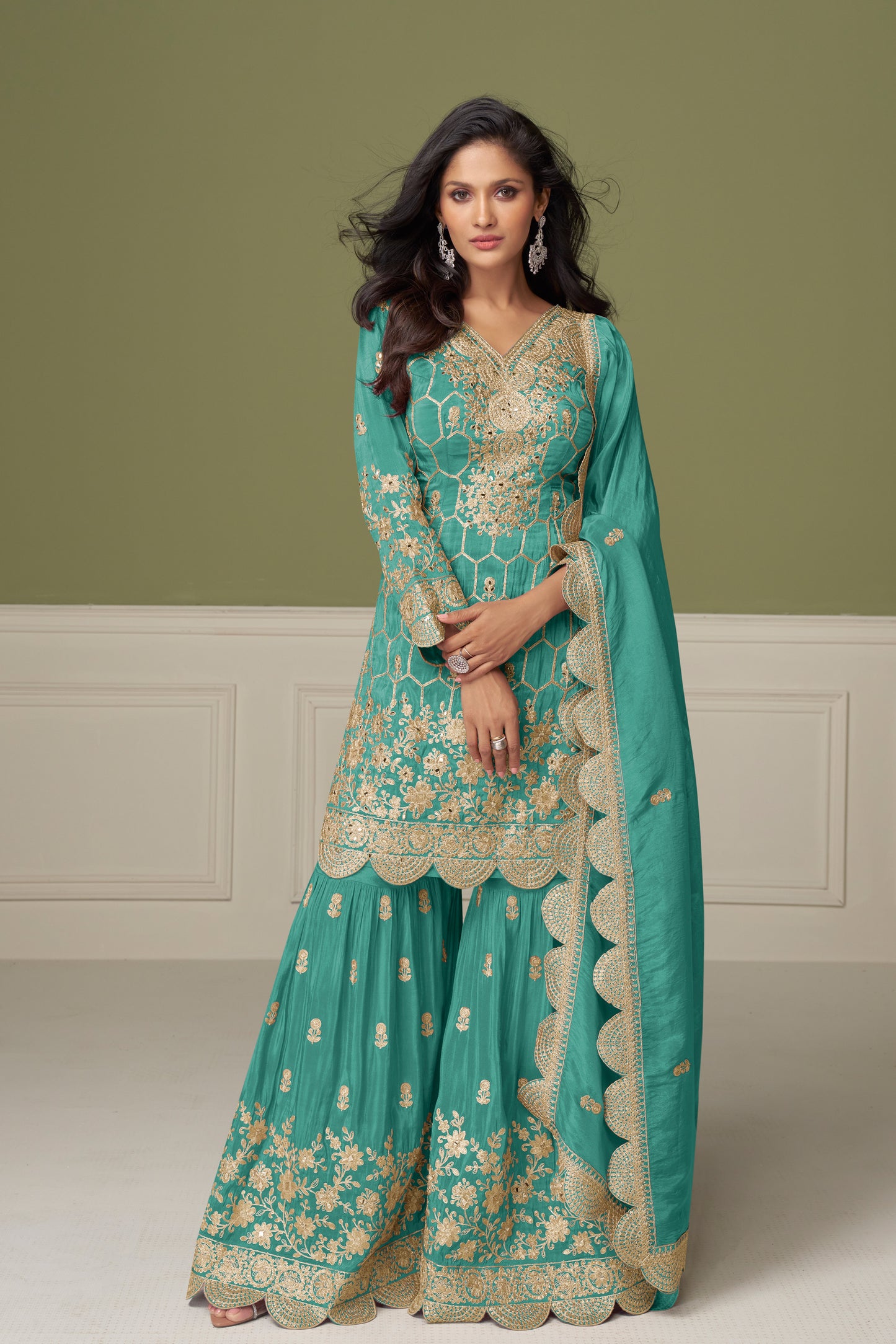 Designer silk sharara suit with handcrafted work