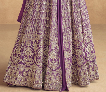  purple and beige embroidered traditional skirt with intricate metallic patterns and a matching purple inner lining.